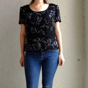 Vintage Scala Black Beaded Silk Top Sz XL